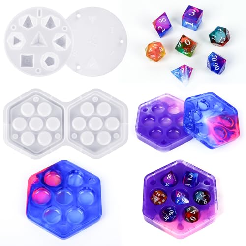 KISREL Dice Resin Molds, DND Dice Set and Organizer Box Epoxy Resin Mold with 7 Standard Stereoscopic Dice Cavities, Silicone Molds for Resin, DND Dice Set Making Kit, Table Board Game - size: Dice Resin Molds - 7pcs