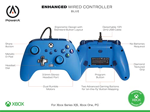PowerA Enhanced Wired Controller for Xbox Series X|S - Blue, Officially Licensed for Xbox - color: Blue