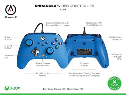 PowerA Enhanced Wired Controller for Xbox Series X|S - Blue, Officially Licensed for Xbox - color: Blue