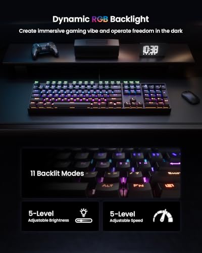 RGB Mechanical Gaming Keyboard Blue Switch, 104 Keys Full-Size Light Up Key-board with 11 Backlit Modes, Anti-Ghosting, Double-Shot ABS Keycaps, USB Wired Computer Key board for Windows PC Gamer