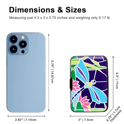 Credit Card Holder Small RFID Blocking Wallet Business Metal Slim Mini Aluminum Hard Case for Women Men - color: Dragonfly Flower