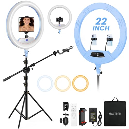 Ring Light 22inch Kit: Ring Light Tripod for iPhone ipad, with 75" Tripod/LCD Display/2 USB Ports Overhead Phone Mount for Video Recording, Zoom Meeting,YouTube,TikTok (Blue) - color: Blue, size: 22Inch