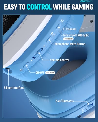 Tatybo Wireless Gaming Headset with Mic, 7.1 Sound 50mm Driver, Blue White | 3-mode 2.4G/BT 5.3/USB-C; 30H battery; low latency for PS5/PS4/PC/Switch/Laptop/Mobile - color: Blue White