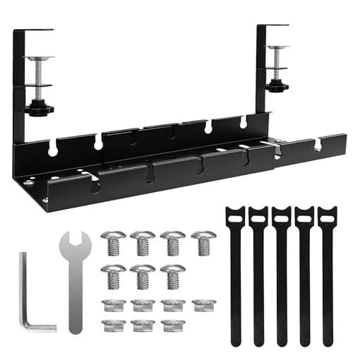 Under Desk Cable Management Tray, Expandable 25.2inch-38.6inch No Drill Clamp-On Wire Organizer, Heavy Duty Metal Cord Hider for Standing Desk Home Office, Black