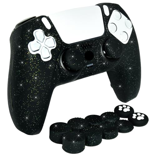 Black Glitter Silicone Protective Case for PS5 Controller, Sparkly Bling Soft Cover Skins, Includes 8-in-1 Glitter Thumb Grip Caps + 2 Cat Paw Caps – Shockproof Dustproof Anti-Slip - color: Black