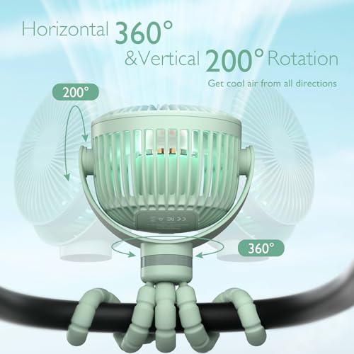 Momcozy 8000mAh Portable Stroller Fan, 27H Ultra-long Battery Life Detachable 4 Speed 360°Rotate LED Night Light with 2 Modes, USB Rechargeable Handheld Cooling Fan for Travel/Car Seat/Bedroom - color: Green