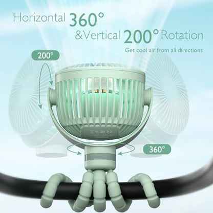 Momcozy 8000mAh Portable Stroller Fan, 27H Ultra-long Battery Life Detachable 4 Speed 360°Rotate LED Night Light with 2 Modes, USB Rechargeable Handheld Cooling Fan for Travel/Car Seat/Bedroom - color: Green