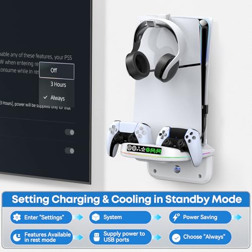 PS 5 Wall Mount Kit with Cooling Fan and Charging Station Compatible with P5/ Slim/ Pro Disc and Digital, PS Five Floating Base Holder Shelf with 9 RGB Lights & 3-Level Fan, P5 Accessories for Gaming
