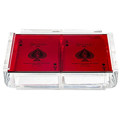 Modern Elegant Playing Card Deck Holder Tray with 2 Decks of Playing Cards in Unique Stylish Deluxe Acrylic Box with Color lid (Red) - color: Red