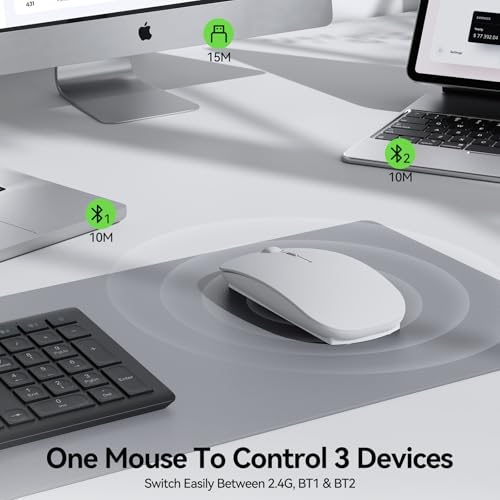 TECKNET Wireless Mouse, 4800 DPI Rechargeable Bluetooth Mouse for Laptop | Bluetooth 5.2/3.0 & 2.4G, Ultra-Thin, 6-Level Adjustable 4800 DPI Computer Mouse for Mac OS, iPad, Windows, Android - color: white