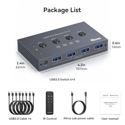 USB 3.0 Switch Selector 4 Computers Share 4 Port USB A Devices for Mouse Keyboard Printer Scanne with Wireless Remote Control and Cable Included - color: Light Grey
