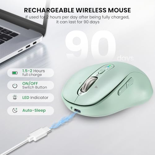 INFINMIND Wireless Bluetooth Mouse for Laptop,USB+BT×2,Quiet Ergo Computer Mouses,Metal 4-Way Super Scrolling,± 3200 DPI,Rechargeable,9 Buttons,Multi Device Cordless Mice for iPad,Tablet,Mac,PC(Green)