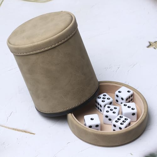 Brown Suede Faux Leather Dice Cup with Lid, Soft Felt Interior Quiet Dice Shaker Cup with 6 Dice for Liars Dice/Farkle/Yahtzee Games, 1 Pack - color: Suede Brown