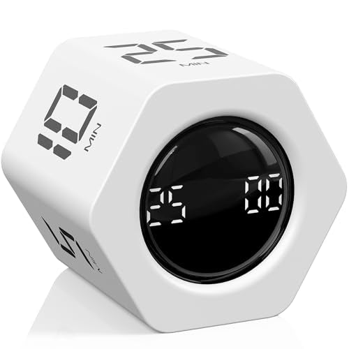 Rotating Pomodoro Timer 5, 25, 10 30,60 Mins Preset Stopwatch, Desk Flip ProductivityTimer, ADHD Tool Hexagon, Vibration/Mute/Alarm, for Work, Study, Back to School, Kitchen, White - color: White