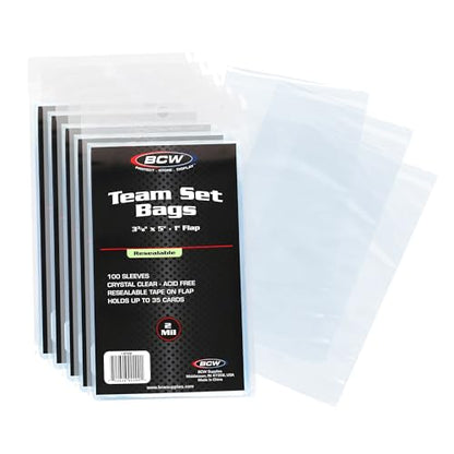 BCW Resealable Team Set Bags for Trading Cards, 500 Count | Holds up to 35 loose cards, 5 standard 35 pt toploaders, or magnetics up to 108 pt with an adhesive flap closure. - size: 500 Pack