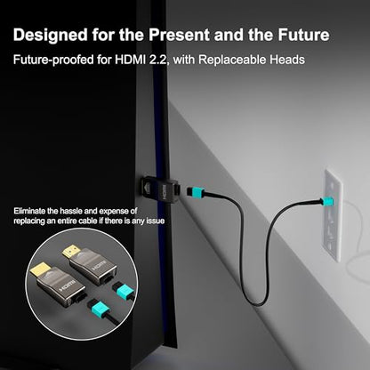 8K Detachable Full Fiber Optic Armored HDMI 2.1 Cable, 48Gbps, 130FT | Full Fiber Optic Design Reduces EMI vs Copper Cables; Replace the Module Without Replacing the Entire In-Wall Cable - size: 130FT