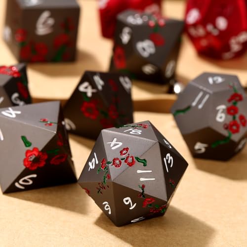Metal Dice Set, Flat Face Red Plum Blossom Pattern, 7pcs Polyhedral Metal DND Dice Set, DND Starter Set, D&D Gifts with Gift Bag, Role Playing Board Games Accessories, Black - color: Black With Gift Bag