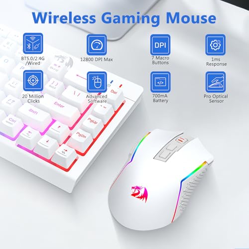 Redragon Wireless Gaming Keyboard and Mouse Combo, 60% Portable, White | Bluetooth/2.4G/USB-C Wired, RGB Backlit, Quiet Rechargeable Macro Membrane Keyboard & 12800 DPI Mouse for Win/MAC - color: White Combo