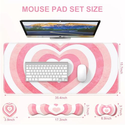 iLeadon Desk Mat Set, Pink Heart Mouse Pad and Keyboard Wrist Rest | Large Gaming Mouse Pad + Keyboard Wrist Rest + Mouse Pad with Wrist Support + Coaster,Easy Typing Pain Relief - color: Pink Heart