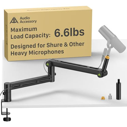 AA AUDIO ACCESSORY Mic Arm Desk Mount (Design for Heavy Mic) 6.6lbs Load Capacity, Stable Gear Lock Never Sags, Metal Low Profile Microphone Boom Stand for Shure SM7B SM7dB MV7, Blue Yeti, Rode PodMic - color: Black