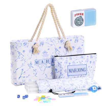 TIASUSAN American Mahjong Set(Light Blue), 166 Engraved Tiles, Bag and Mahjong Accessories, 4 Racks with Pushers, Mahjong Tile Set for Beginners - color: Light Blue