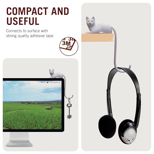 Monkey Business Ginger The Cat Tail Hook for Computer Screen, Tight Spaces, Hang Keys, Accessories in Easy Reach (White) - color: White