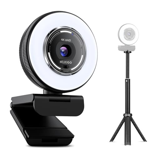 NexiGo 4K Streaming Webcam Kit, N680E Pro UHD Webcam w/Ring Light, PDAF Autofocus, 1080p 60FPS, Dual Noise-Canceling Mics, Privacy Shutter, Lightweight Mini Tripod, for Zoom/Teams/Twitch/Google Meet