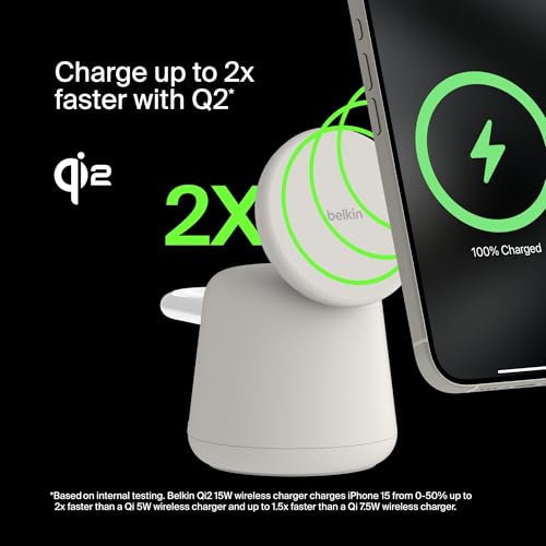 Belkin Qi2 15W Wireless Charging Dock, 2 in 1 Fast iPhone Charger | iPhone 17/16/15/14/13, AirPods, Qi2-enabled devices compatible, power adapter included, desk dock - color: Sand, style: Latest Gen