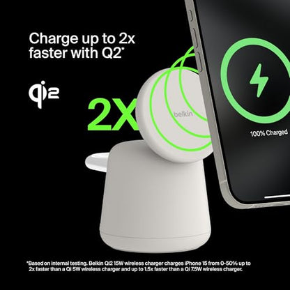 Belkin Qi2 15W Wireless Charging Dock, 2 in 1 Fast iPhone Charger | iPhone 17/16/15/14/13, AirPods, Qi2-enabled devices compatible, power adapter included, desk dock - color: Sand, style: Latest Gen