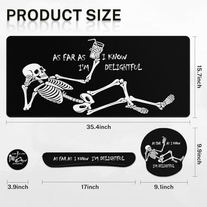 Britimes Black Skull Skeleton Keyboard Mouse Pad Set 4in1 Large Mousepad+Keyboard Wrist Rest+Mouse Wrist Rest+Coaster Set with Ergonomic Design for Home Office Computer 35.4x15.7 inches - color: Black Skull Skeleton
