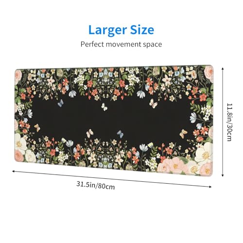 Large Gaming Mouse Pad Desk Mat, Black Girly Floral Extended Keyboard Mouse Pad Mousepad with Non-Slip Base and Stitched Edge Mouse Mat Desk Pad Mouse Pads for Desk Home Office, 31.5 x 11.8 - color: Girly Floral Black