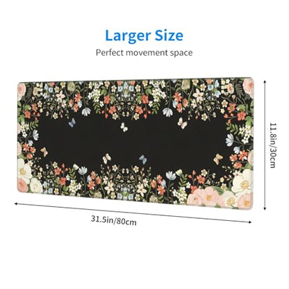 Large Gaming Mouse Pad Desk Mat, Black Girly Floral Extended Keyboard Mouse Pad Mousepad with Non-Slip Base and Stitched Edge Mouse Mat Desk Pad Mouse Pads for Desk Home Office, 31.5 x 11.8 - color: Girly Floral Black