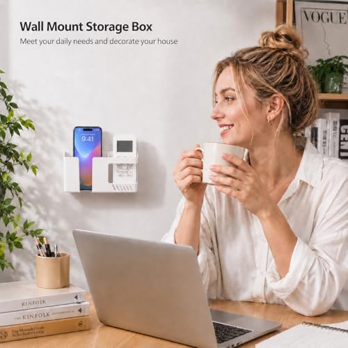 Strong Adhesive Wall Mount Phone Holder D3 Punch-Free Bedside Phone Shelf with Charging Port, Sticky Remote Control Storage Box, Bathroom & Kitchen Wall Organizer (White) - color: White