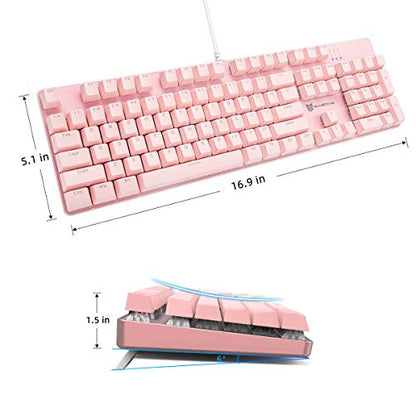 Merdia Full Size Wired Mechanical Gaming Pink Keyboard | Red Switch 104 Keys US Layout Full Size Pink PC Gaming Keyboards | Hot Swappable LED Backlit Light Up Wired Mechanical Computer Keyboards - color: Red Switch Pink