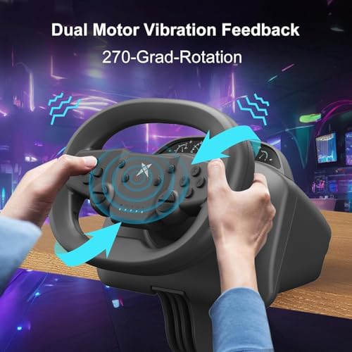 NBCP Gaming Racing Wheel and Pedals, 270 Degree Wireless Bluetooth Steering Wheel with Dual-Vibration Motors, Pro Racing Wheel for PC,PS4,PS3,Switch,Android Mobile Phones