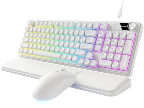 EWEADN Wired Keyboard and Mouse Combo with Detachable Wrist Rest, Quiet Ergonomic Keyboard Mouse Set with Multimedia Knob, RGB Backlit, Double-Shot Keycaps Natural Typing for Laptop, PC - White - color: White