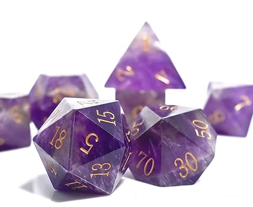 Natural Gemstone DND Dice Set,7 Pcs Amethyst Crystal Handmade Polyhedral D&D gem Dices with Gift Metal Box for Dungeons and Dragons MTG Role Playing Games Natural Stone d and d Dice - color: Amethyst