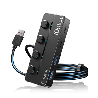Qeefun 4-Port USB 3.2 Hub with 2 USB-C and 2 USB-A Ports, Individual LED Power Switches,10Gbps Data Transfer USB Splitter with 4ft Extension Cable, Multiple USB Extender for Laptop, PC, iMac etc