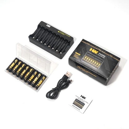HW Rechargeable AA Batteries with AA/AAA Charger, [1.5V, 8-Pack] 3500mWh Double A Lithium Battery Charger High Capacity, Cargador de Baterias for Toys, Keyboards, Doorbell, Remote Controls, etc.