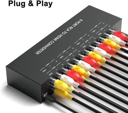 8 AV to HDMI Converter, 1080P/720P 8 Way RCA Composite CVBS AV Switch to HDMI Converter Adapter Support 4:3/16:9 Switch for Sega Xbox PS1 PS2 PS3 N64 NGC SNES WII VHS VCR Camera DVD - style: 8 RCA Converter