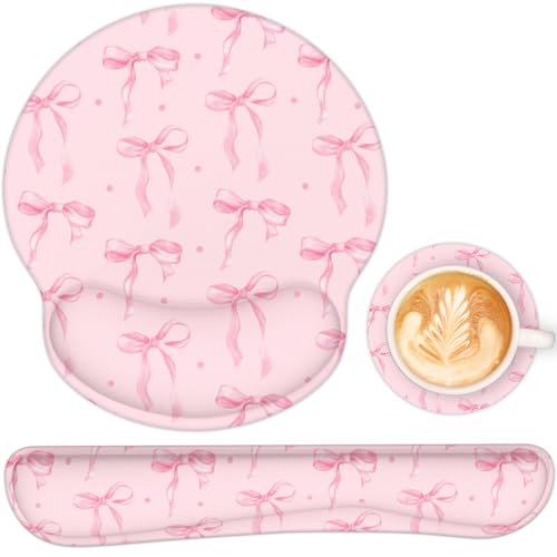Ergonomic Mouse Pad with Wrist Rest and Keyboard Wrist Rest, Mousepad and Wrist Rest for Computer Keyboard, Non-Slip Rubber Base, Mouse Pad Wrist Support for Gaming, Pink Bow - color: Pink Bow