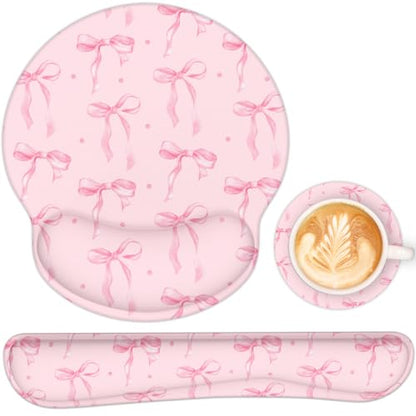 Ergonomic Mouse Pad with Wrist Rest and Keyboard Wrist Rest, Mousepad and Wrist Rest for Computer Keyboard, Non-Slip Rubber Base, Mouse Pad Wrist Support for Gaming, Pink Bow - color: Pink Bow