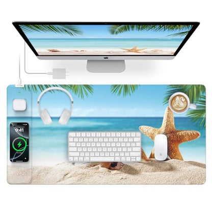 Wireless Charging Mouse Pad, 31.5"x15.8", with 20W PD Adapter, Summer Beach | Desk Writing Pad for Home Office Gaming, Waterproof Ultra-Smooth Surface, Non-Slip Base - color: Summer Beach-31.5"x15.8"(with Wall Charger)