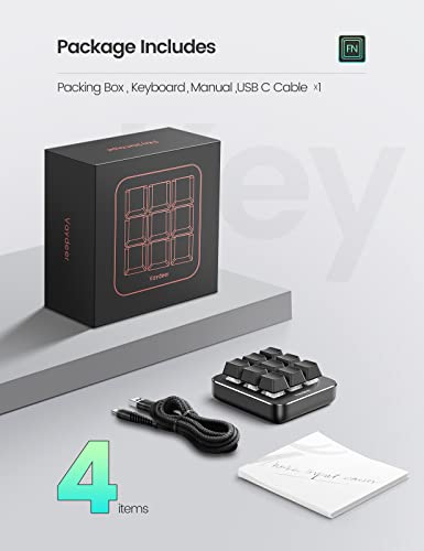Vaydeer One-Handed Mechanical Keyboard Support NKRO, Hotkeys, One-Click Start,9 Fully Programmable Keys with Floating Window and Macro Multifunctional Keypad for iOS,Windows, Gift Idea for Him/Her