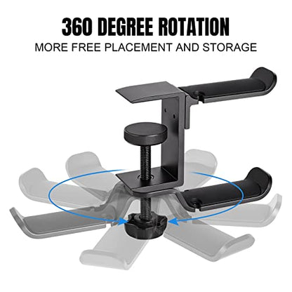 Headphone Holder PC Gaming Headphone Stand,Dual Headset Hanger Hook Holder with Adjustable and Rotating Arm Clamp,Under Desk Design Headset Stand