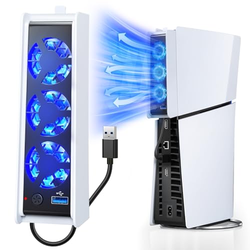 FASTSNAIL Cooling Fan wih LED Light for PS5 Slim Disc/Digital Console | Efficient Cooling with 3 Fan, Auto Power On/Off, Adjustable Speed, USB3.0 Port & LED Light, Silent Cooler System for PS5 Slim - color: White/Black