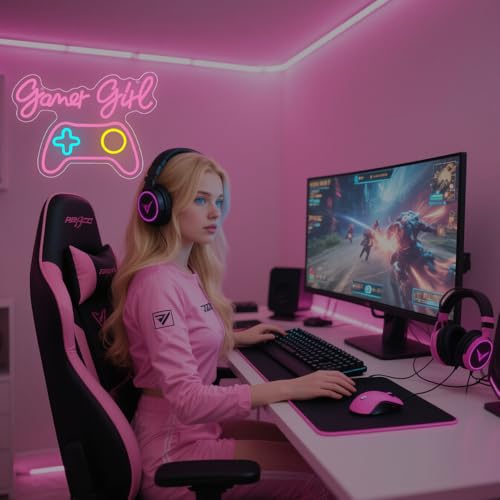 Gamer Neon Sign,Gaming Neon Sign for Gamer Room Decor LED Lights Girl's Bedroom Wall Decor Gamepad Dimmable Neon Gaming Sign for Party Decorations Girl Gifts USB Powered(15.4"*11.4") - style: Game Girl