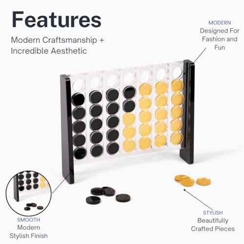 Unique Four in a Row - Acrylic 4 in a Row Game - Board Game Decor - Coffee Table Game - 2 Player Family Game - Connect The Four Pieces - Classic Strategy Game (Black and Gold) - color: Black and Gold