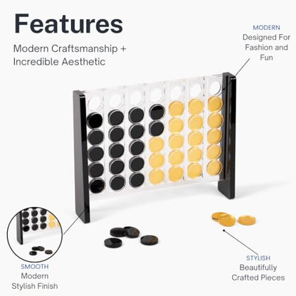 Unique Four in a Row - Acrylic 4 in a Row Game - Board Game Decor - Coffee Table Game - 2 Player Family Game - Connect The Four Pieces - Classic Strategy Game (Black and Gold) - color: Black and Gold