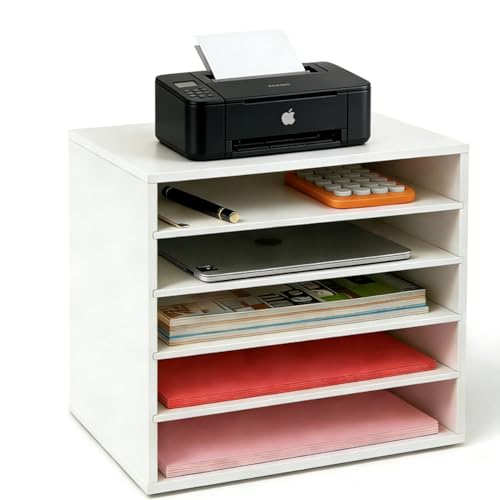 EMERIT Paper Organzier Wood Desktop Organizer Storage Letter Tray File Sorter with Adjustable Shelves for Home Office - color: 5 Tier-white